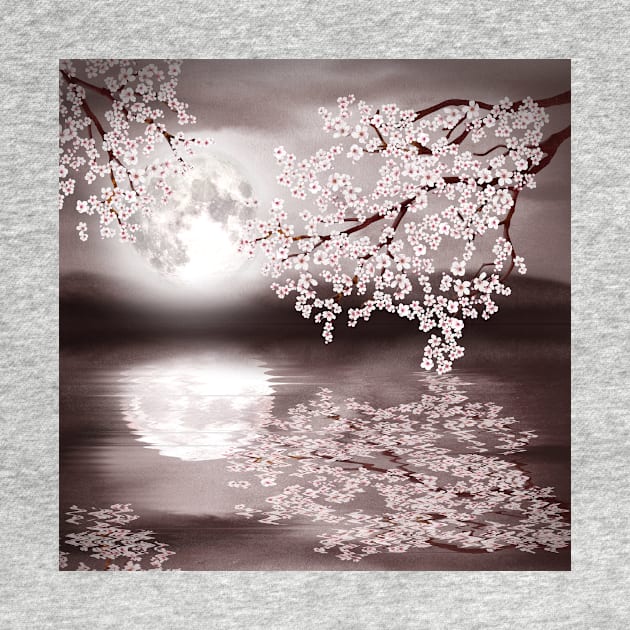 Cherry blossom branch. Full moon on water watercolor landscape illustration by likapix